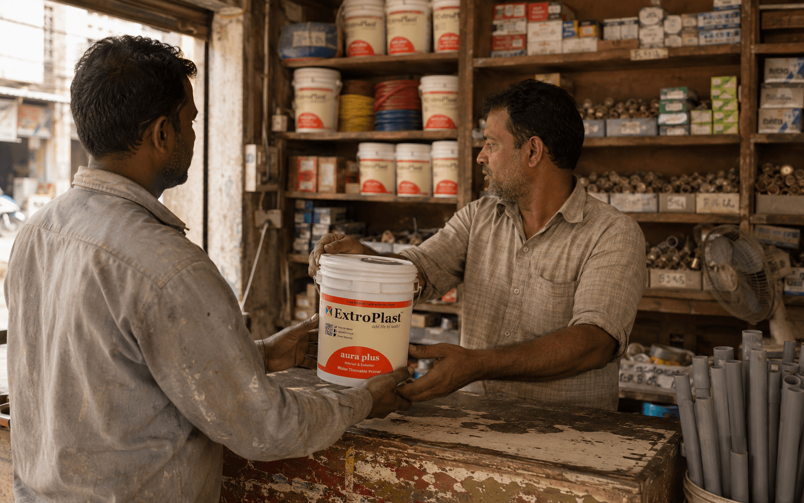 A hardware retailer handing an ExtroPlast primer pail to a contractor across the counter