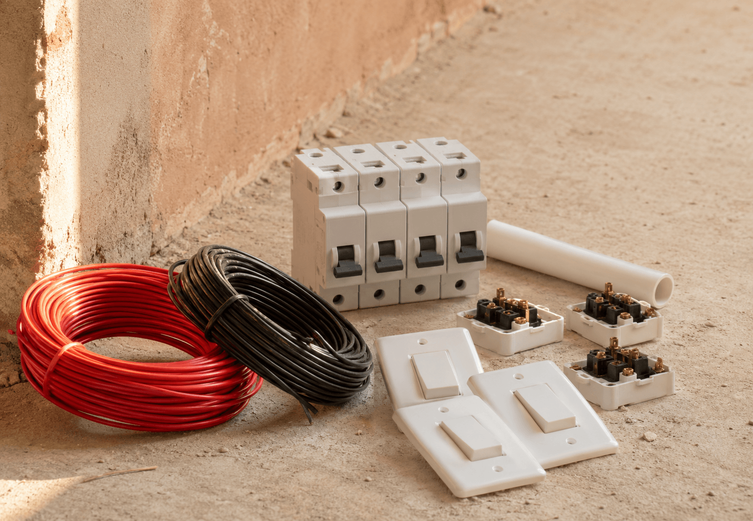 Wiring, switch plates and MCBs on site